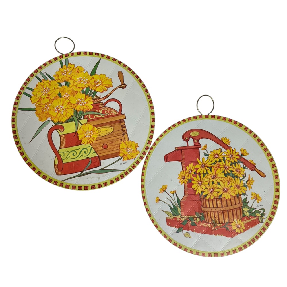 Vintage 70s Floral Litho Print Tin Trivet Wall Art or Hot Mats Set of 2